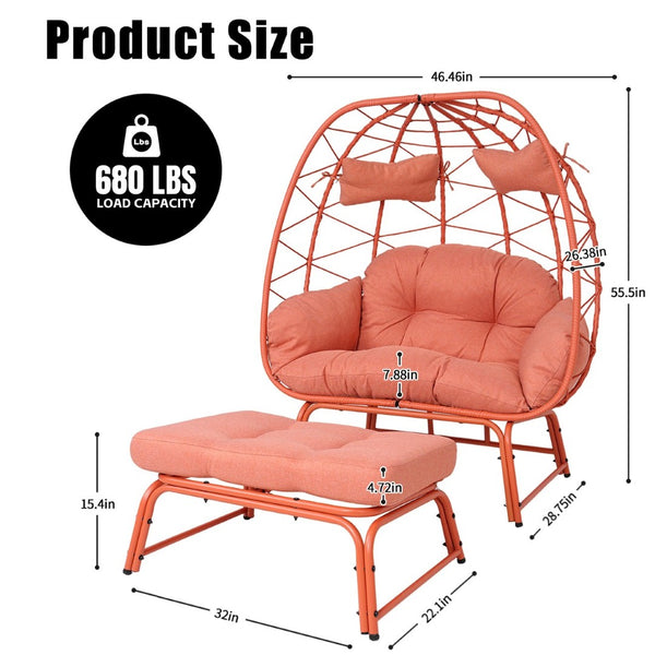 English Elm Double Wicker Egg Chair with Ottoman Bohemian Pe Rattan Outdoor Lounge Patio Set T5880P501487