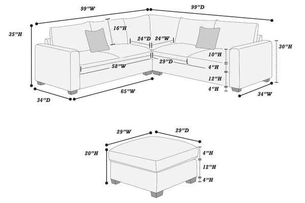 English Elm 4pc Corduroy Sectional Sofa Set with Ottoman Corner Wedge and Low-profile Modern Legs Dark Gray B011S02226