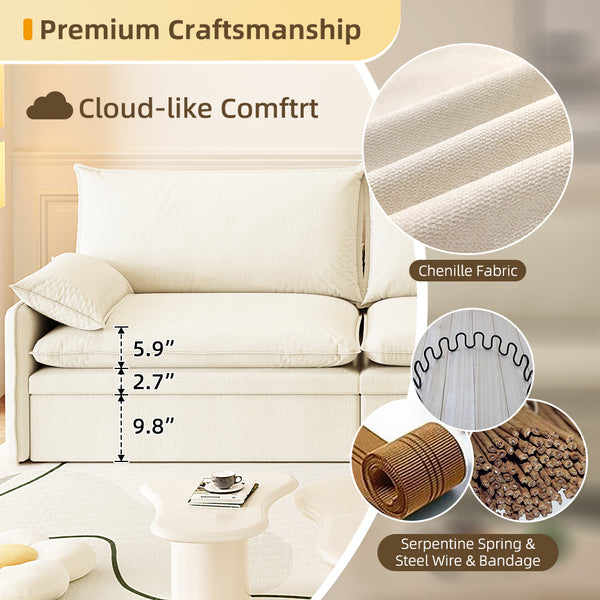 English Elm 4-Seat Convertible Sleeper Sofa Bed Chenille Upholstery Deep Seat Storage USB Port Modern Pull-Out Beige+White W1885S00214