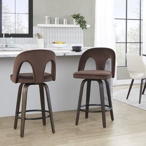 English Elm Fixed-height Swivel Counterstools Velvet Seat Bentwood Legs Kitchen Island Set B202S01793