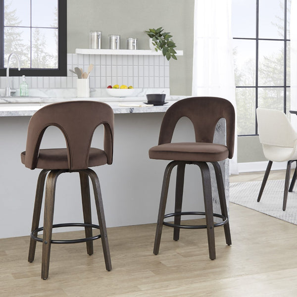 English Elm Fixed-height Swivel Counterstools Velvet Seat Bentwood Legs Kitchen Island Set B202S01793