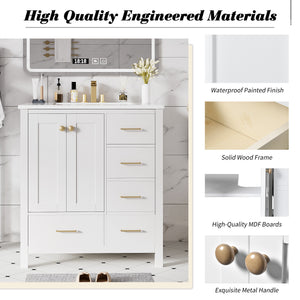 English Elm 30'' Bathroom Vanity With Ceramic Sink Combo - Elegant Freestanding Storage Cabinet & 4 Drawers N710P194420K