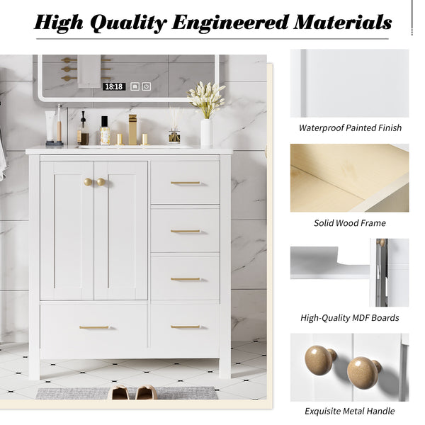 English Elm 30'' Bathroom Vanity With Ceramic Sink Combo - Elegant Freestanding Storage Cabinet & 4 Drawers N710P194420K