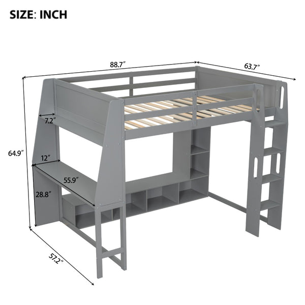 English Elm Wood Full Size Gaming Loft Bed Pine Frame with Led Lighting Desk and Storage Shelves N7090001042E-1