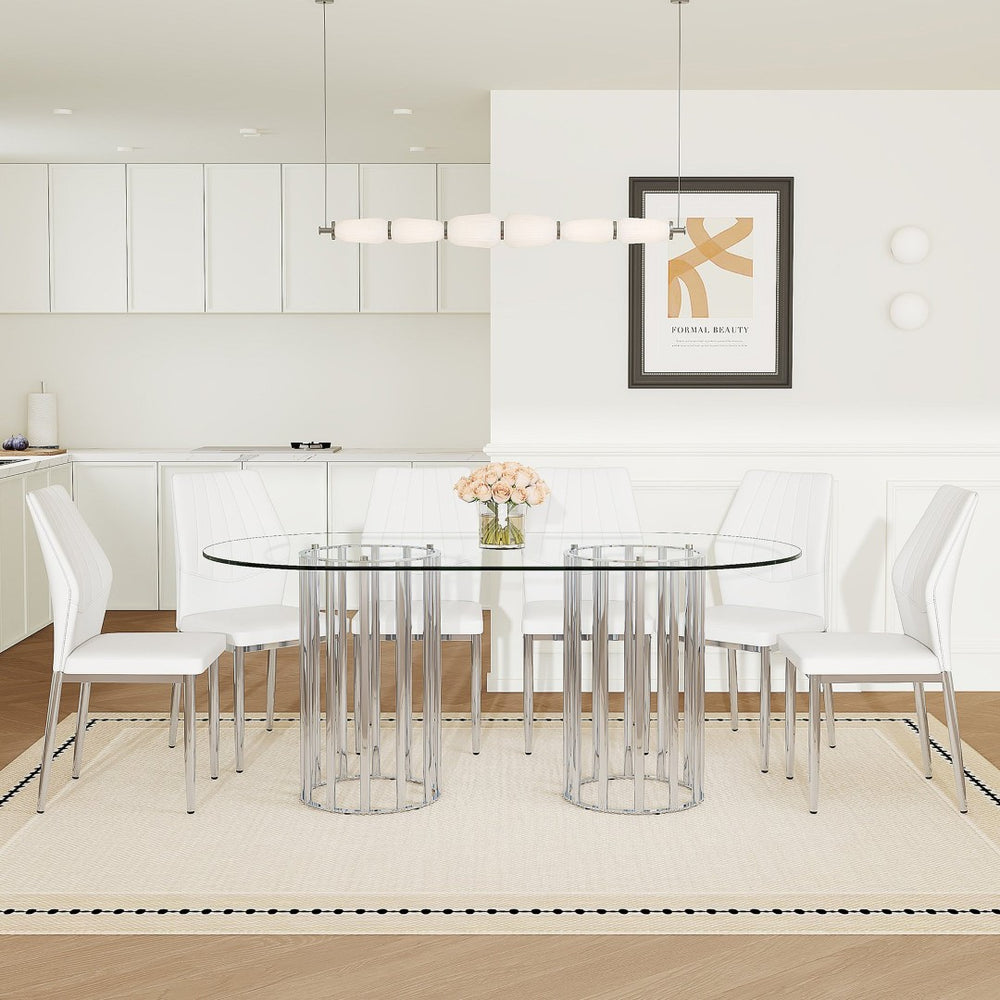 English Elm Table Set Oval Tempered Glass Top Silver Twin Column Base with Six Pu Dining Chairs W1151S04744