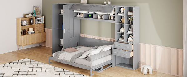 English Elm Queen Murphy Wall Bed Cabinet System with Wardrobe Drawers and Shelving in White Mdf LP000384AAE