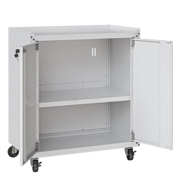 English Elm Rolling Metal Garage Cabinet with Locking Doors Diamond Texture Industrial Storage White B365P398224