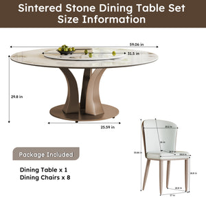 English Elm 59" Round Dining Table With Lazy Susan, Heat-Resistant Stone Top & Stylish Industrial Base For 8 W2699S00048