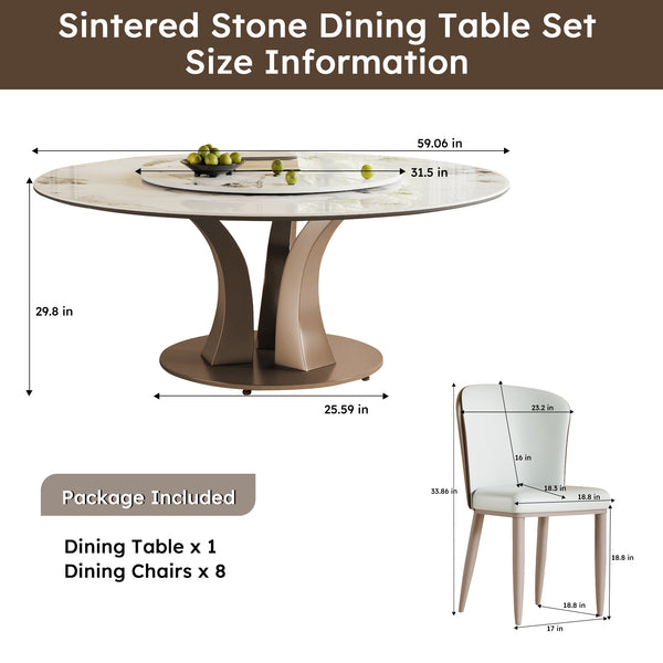 English Elm 59" Round Dining Table With Lazy Susan, Heat-Resistant Stone Top & Stylish Industrial Base For 8 W2699S00048