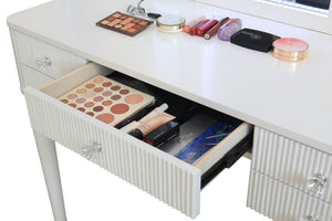 English Elm AGODY Mirrored Vanity with LED Light and Solid Rubber Wood Frame, Skin-Friendly PU Seat for Bedroom Antique White W2170P208420