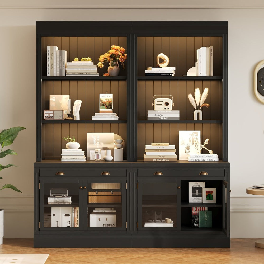 English Elm 83.4"tall Two-piece Bookcase Suite with Led Shelves Tempered Glass Doors Matte Black N751S059521B