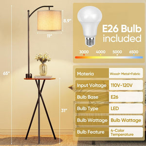 English Elm Floor Lamp with Built-in Side Table Usb Charging Remote Dimming for Living Room Brown W3355P440816