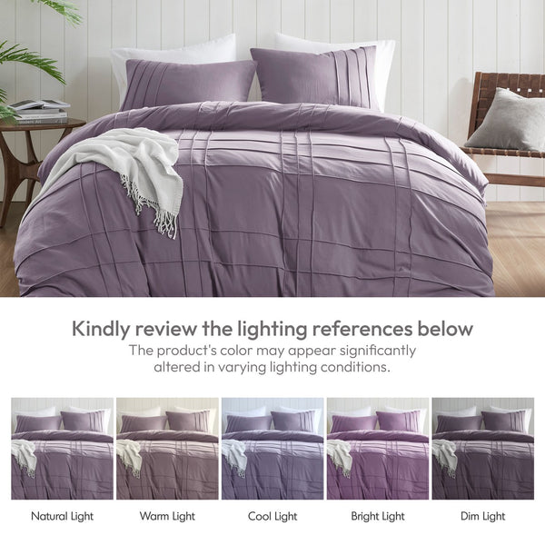 JLA Home Comfort Spaces - Soft Washed Pleated Duvet Cover Set with Grid Pinch-Pleat, OEKO-TEX Soft Microfiber, All-Season Comfort Purple AM12-0435