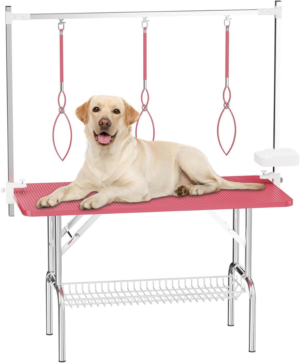 English Elm 47inch Stainless Steel Foldable Pet Grooming Table with Arm Noose and Mesh Supply Tray W3587P409930