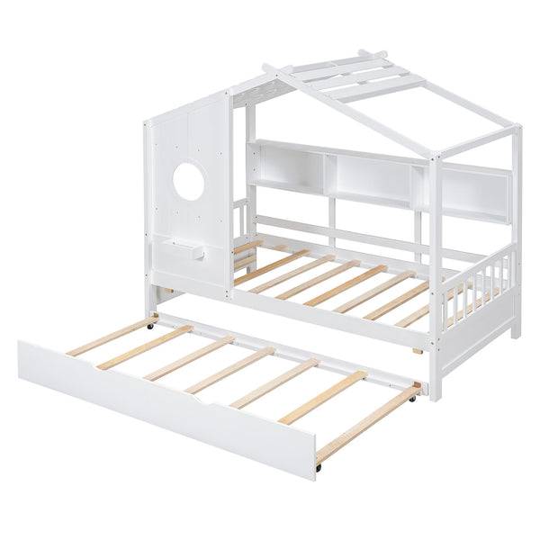 English Elm Wooden Twin House Bed with Trundle and 3 Back Shelves, Pine Frame Playful Loft Design for Kids White 41.7 L x 16.25 W x 6 H N733S316110K