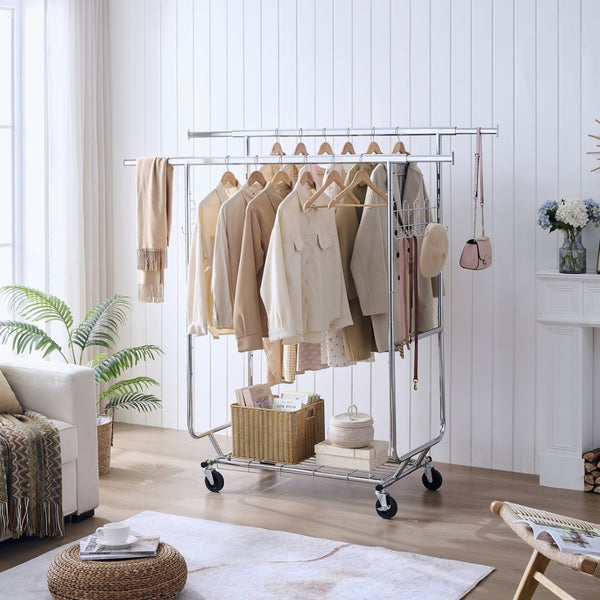 English Elm Double Rod Steel Garment Rack Rolling Collapsible Heavy Duty Closet Storage W1903P172833