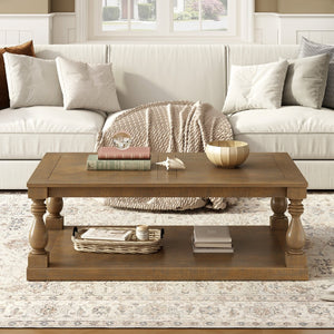 English Elm U_Style Vintage Coffee Table With Artistic Vase Legs & Luxurious Pine Veneer For Timeless Elegance N711P256967D-GIGA