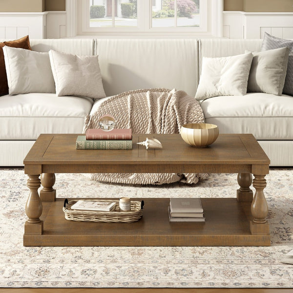 English Elm U_Style Vintage Coffee Table With Artistic Vase Legs & Luxurious Pine Veneer For Timeless Elegance N711P256967D-GIGA