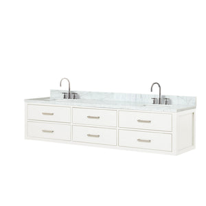 English Elm White Double Bath Vanity 80 in W x 22 in D with Carrara Marble Top, Chrome Gooseneck Faucets, Soft-Close cabinetry B2731P258125