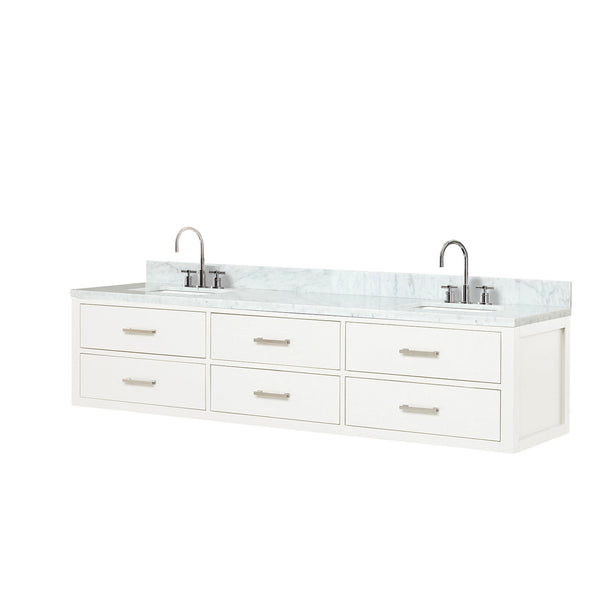 English Elm White Double Bath Vanity 80 in W x 22 in D with Carrara Marble Top, Chrome Gooseneck Faucets, Soft-Close cabinetry B2731P258125
