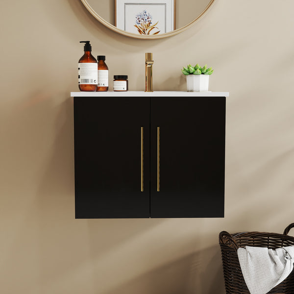English Elm 24-Inch Wall-Mounted Bathroom Vanity With Gold Accents, Soft-Close Doors & Ample Storage Space W3151S00034