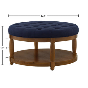 English Elm Large Round Tufted Ottoman Coffee Table with Wood Shelf for Living Room Lounge Navy Blue W2186P212195