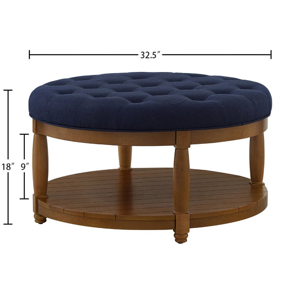 English Elm Large Round Tufted Ottoman Coffee Table with Wood Shelf for Living Room Lounge Navy Blue W2186P212195