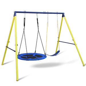 English Elm 2 in 1 Kids Outdoor Steel A-frame Backyard Swing Set with Saucer and Belt Seats W1408P163242