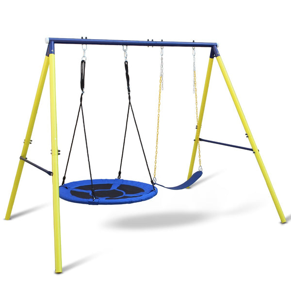 English Elm 2 in 1 Kids Outdoor Steel A-frame Backyard Swing Set with Saucer and Belt Seats W1408P163242