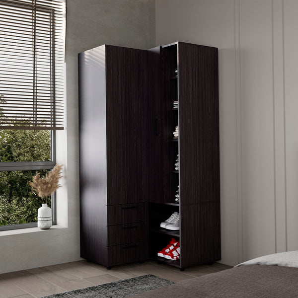 English Elm Wenge Armoire Wardrobe with Open Storage, 7 Shelves & 3 Drawers for Organized, Spacious Living B062S01284