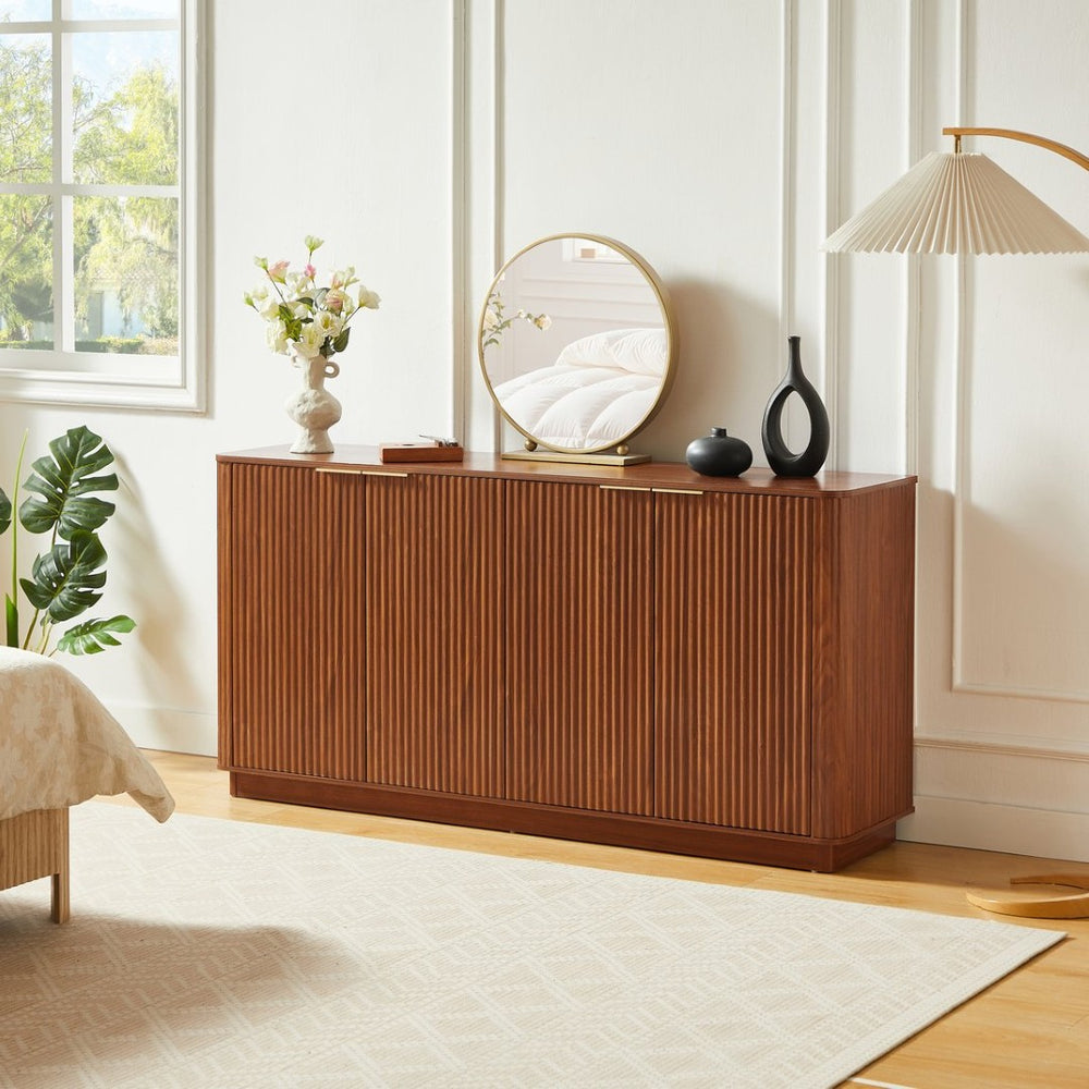 English Elm 63" Wave Front Sideboard with Four Door Storage for Living Room Hallway Bedroom Walnut W1820P431359
