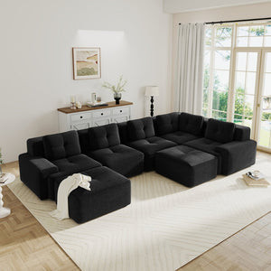 English Elm Modular Corduroy Sectional Sofa V Shaped 5 Seat Living Room Couch with Ottoman Black W714S01586