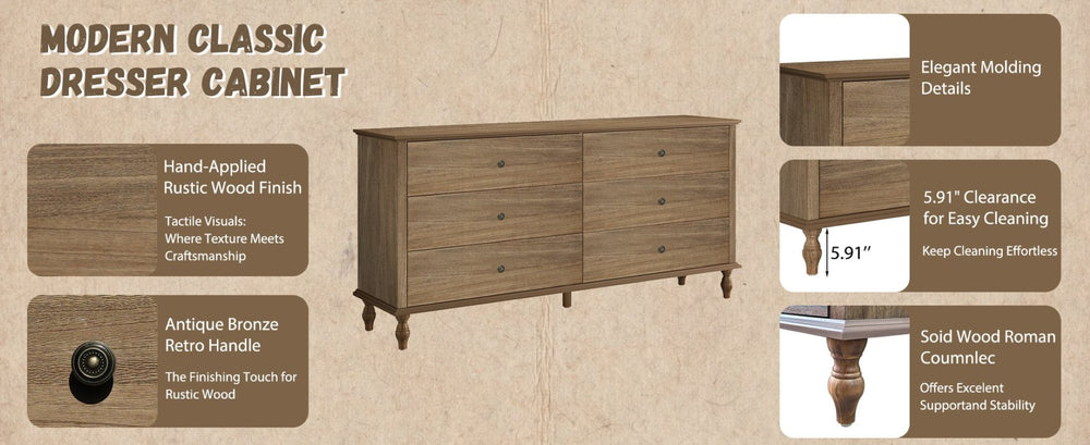 English Elm 6-drawer Wide Dresser Burnt Wood Grain Finish Copper Handles Roman Column Legs Bedroom Antique Brown,Light Brown W1445S00002