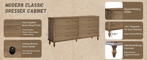 English Elm 6-drawer Wide Dresser Burnt Wood Grain Finish Copper Handles Roman Column Legs Bedroom Antique Brown,Light Brown W1445S00002