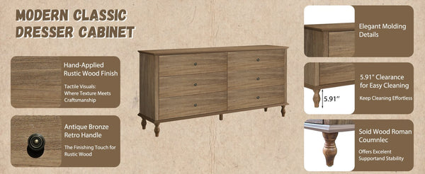 English Elm 6-drawer Wide Dresser Burnt Wood Grain Finish Copper Handles Roman Column Legs Bedroom Antique Brown,Light Brown W1445S00002