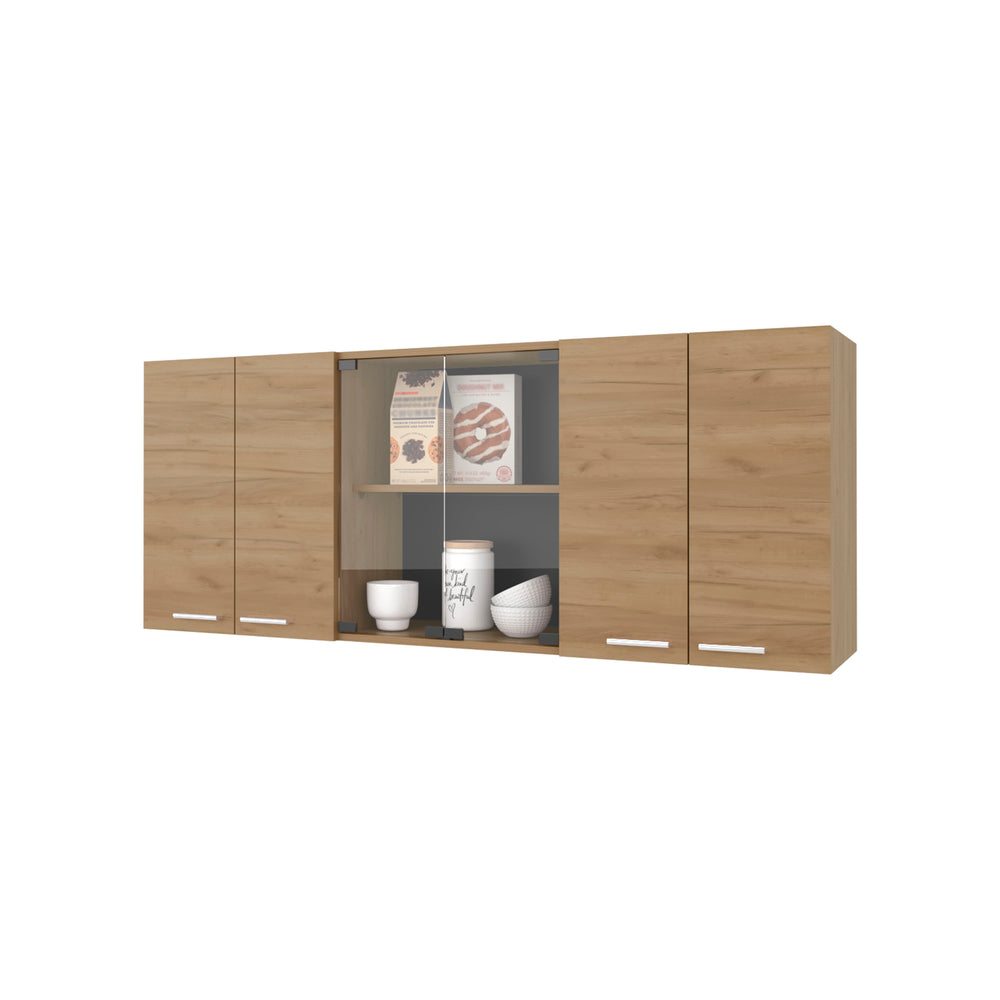 English Elm Lydia Modern Wall Cabinet in Natural Oak Finish with 4 Doors, Glass Display & Metal Handles — Sleek Storage Solution B128P287519