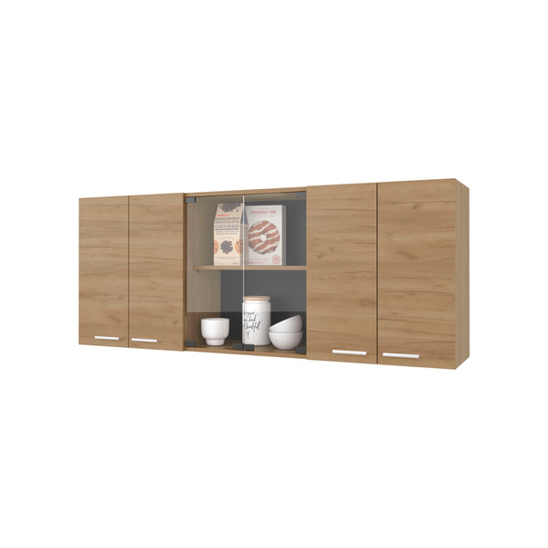 English Elm Lydia Modern Wall Cabinet in Natural Oak Finish with 4 Doors, Glass Display & Metal Handles — Sleek Storage Solution B128P287519