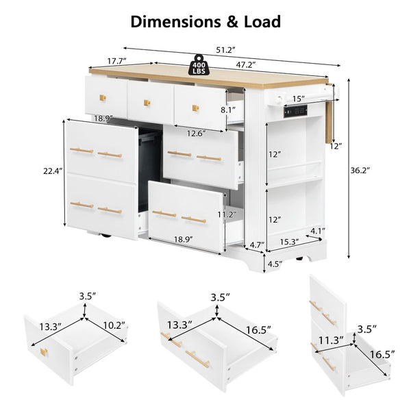 English Elm K&k Rolling Kitchen Island Six Drawers Drop Leaf Built-in Charging Vintage Style White N707S307292W