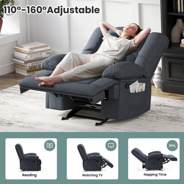 English Elm Oversized Rocking Rocker Recliner Chair with Ergonomic Support, Tool-Free 5-Minute Assembly Comfort Dark Gray T3623P380109