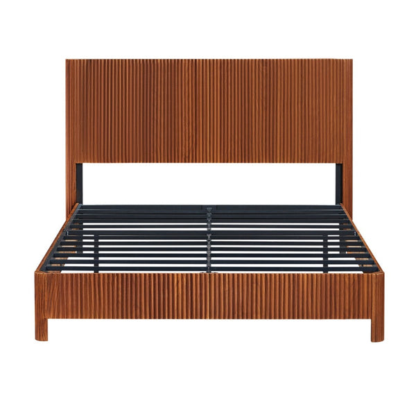 English Elm Queen Walnut Platform Bed Sculptural Corrugated Headboard No Box Spring Required W1820P414053