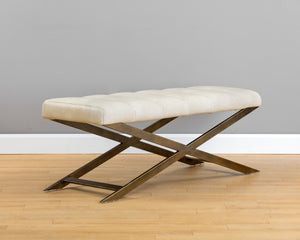 Sunpan Kammi Elegant Modern Bench with Antique Brass X-Base and Channel Tufting for Timeless Style Bravo Cream