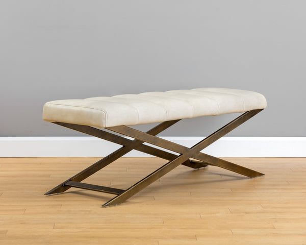Sunpan Kammi Elegant Modern Bench with Antique Brass X-Base and Channel Tufting for Timeless Style Bravo Cream