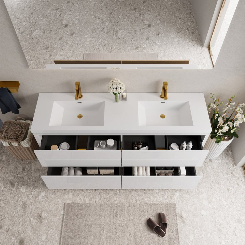 English Elm 72" Floating Double Sink Vanity Glossy White Stone Resin Top Soft Close Storage W1573P211198