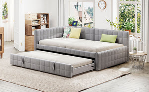 English Elm Full L-Shaped Upholstered Daybed with Pull-Out Twin Trundle, Built-In USB Ports, Modern Chic Design Gray SF000192AAE