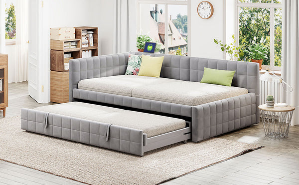English Elm Full L-Shaped Upholstered Daybed with Pull-Out Twin Trundle, Built-In USB Ports, Modern Chic Design Gray SF000192AAE