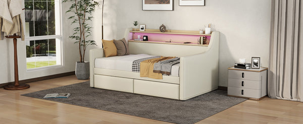 English Elm Twin Size Daybed With Storage Drawers, Charging Station & Led Lights - Stylish Beige Upholstered Design W1580S00033-GIGA