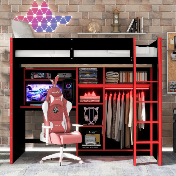 English Elm Full Size Loft Bed with Rgb Lighting Desk Open Wardrobe and Storage for Gaming Rooms Red LT000277AAR