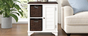 English Elm U Can Louvered End Table with Woven Grass Baskets Ottoman Legs Farmhouse Storage White N724P401353K