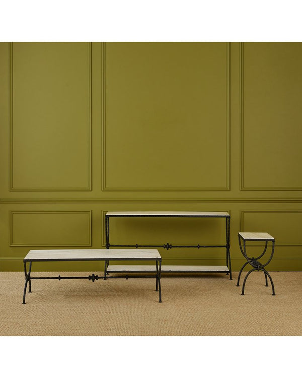 Currey & Company Agora White Travertine Console Table - Elegant Greek-inspired Design With Stunning Veining & Bronze Frame White White Travertine ,Wrought Iron 4000-0245-currey-company