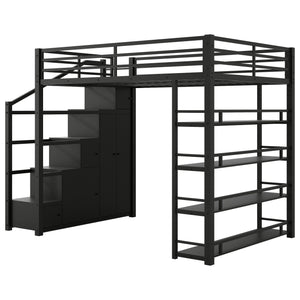 English Elm Full Full Size Metal Loft Bed with Storage Staircase, Shelves, Wardrobe & Guard Rail, Black 70" GX000664AAB